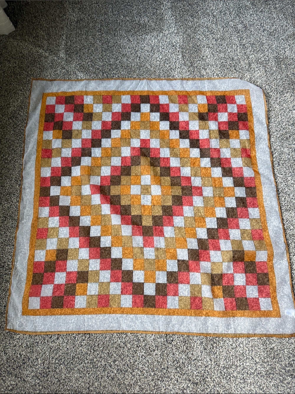 Vintage Scarf – Orange, Red & Brown Geometric Checkerboard Chiffon